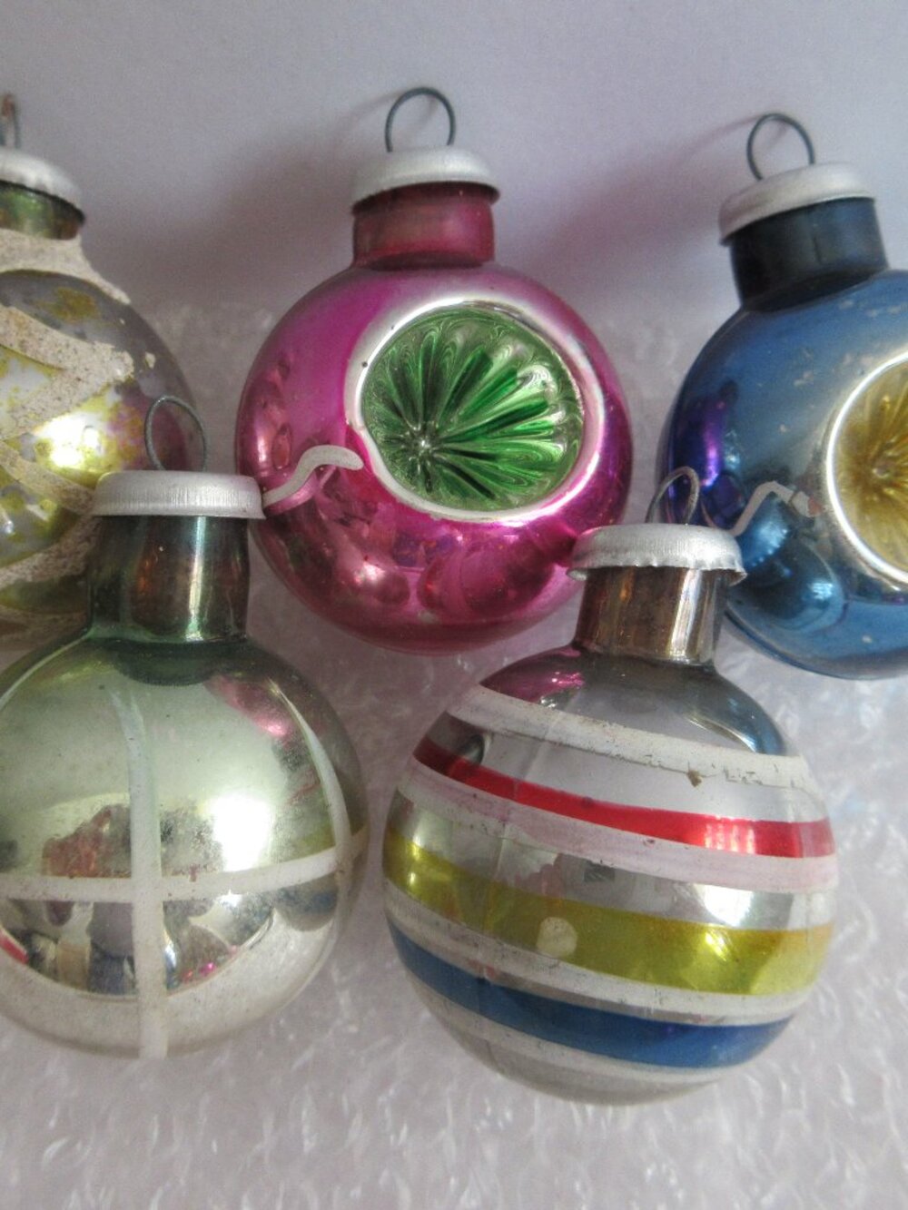 5 Small Glass Feather Tree Ornaments Glitter Mica "Cali Col" Vtg Indents Mica